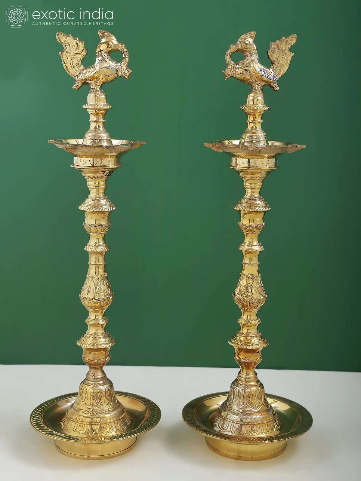 18" Brass Annam Peacock Lamp Pair for Home Decor