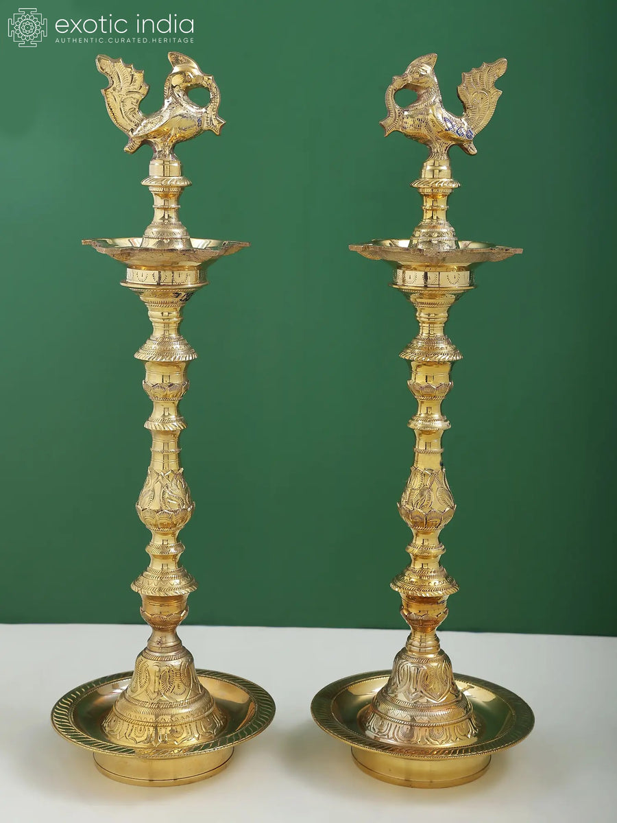 18" Brass Annam Peacock Lamp Pair for Home Decor