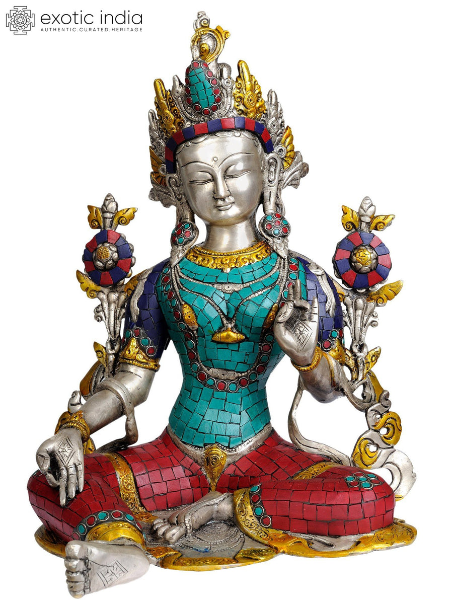 15" Green Tara Brass Statue with Inlay Work for Pooja
