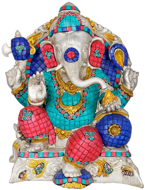 13" Lord Ganesha Seated in Royal Ease Posture (with Inlay Work) In Brass | Handmade | Made In India