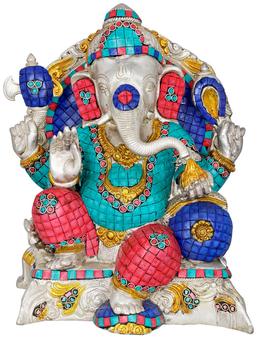 13" Lord Ganesha Seated Brass Statue with Inlay Work Handmade