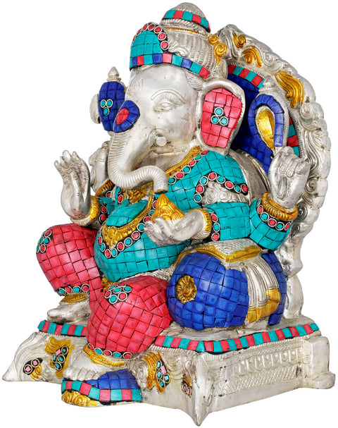 13" Lord Ganesha Seated in Royal Ease Posture (with Inlay Work) In Brass | Handmade | Made In India