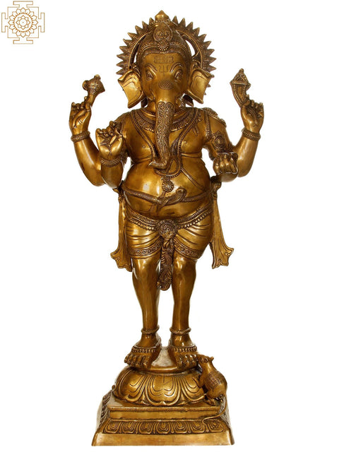 51" Large Standing Ganesha, A Form of Tryakshara Ganapati In Brass