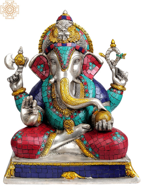 12" Lord Ganesha Brass Statue with Inlay Work
