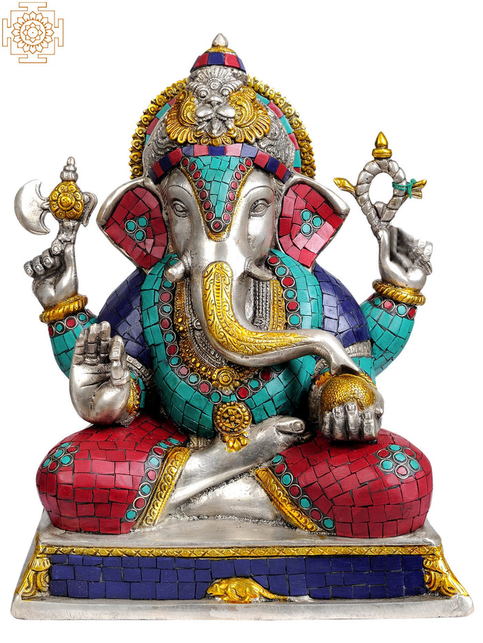 12" Lord Ganesha Brass Statue with Inlay Work