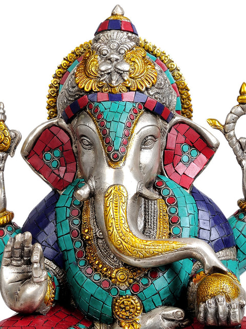 12" Lord Ganesha (with Inlay Work) In Brass