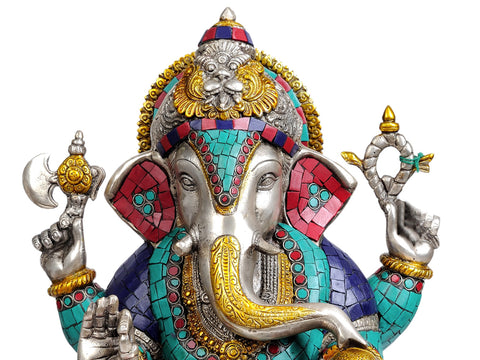 12" Lord Ganesha (with Inlay Work) In Brass