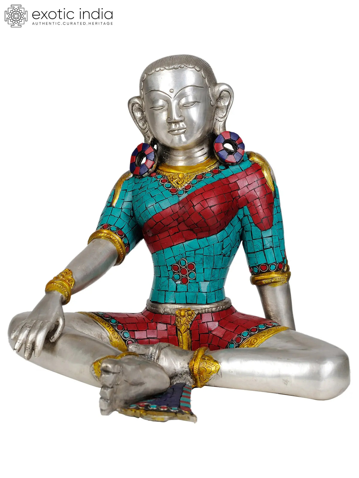 14" Goddess Green Tara Idol with Inlay Work In Brass | Handmade | Made In India