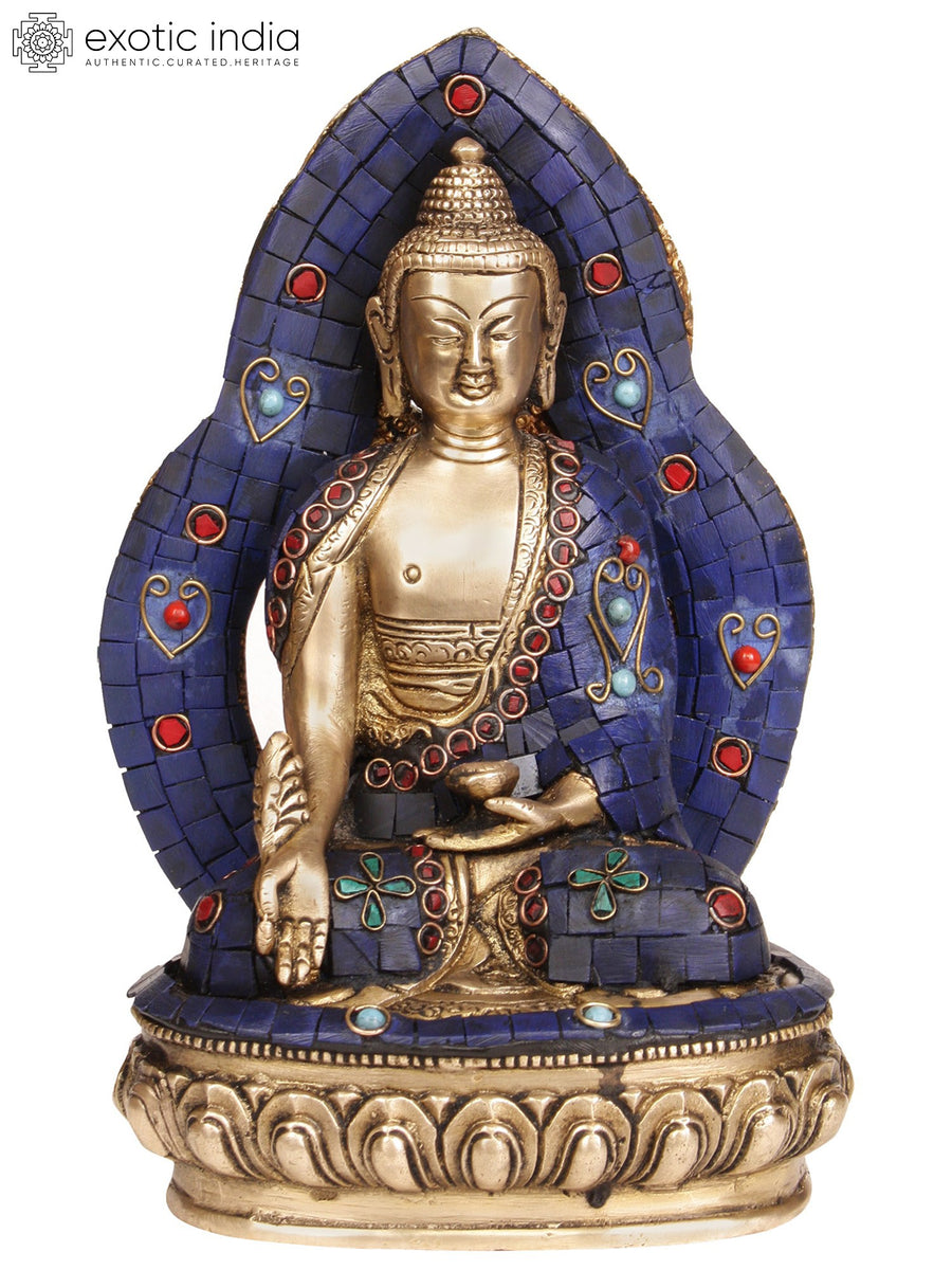 9" Medicine Buddha Brass Statue with Inlay Work