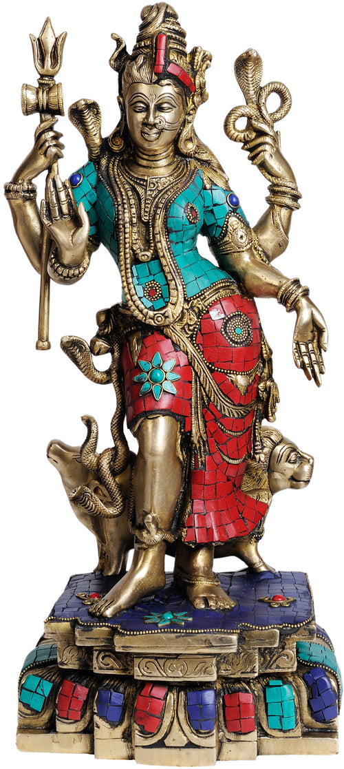 17" Ardhanarishvara Brass Statue with Inlay Work Handmade