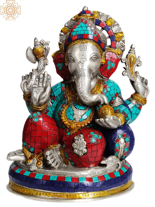14" Lord Ganesha Eating Modak Brass Idol with Inlay Work