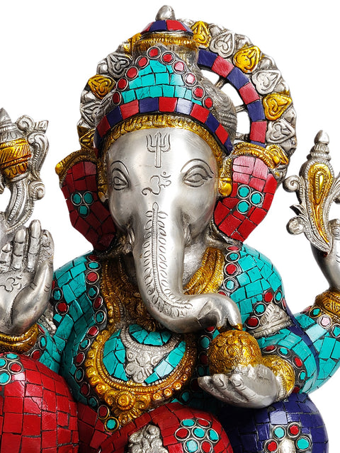 14" Lord Ganesha Eating Modak (with Inlay Work) In Brass