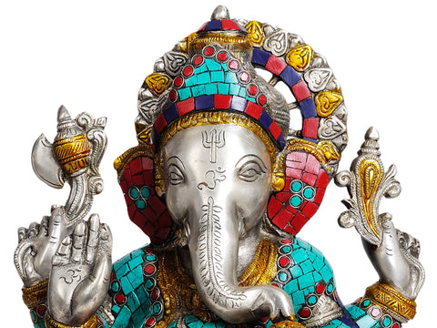 14" Lord Ganesha Eating Modak (with Inlay Work) In Brass