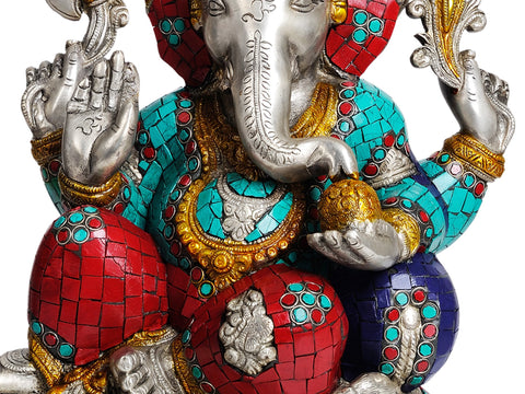 14" Lord Ganesha Eating Modak (with Inlay Work) In Brass