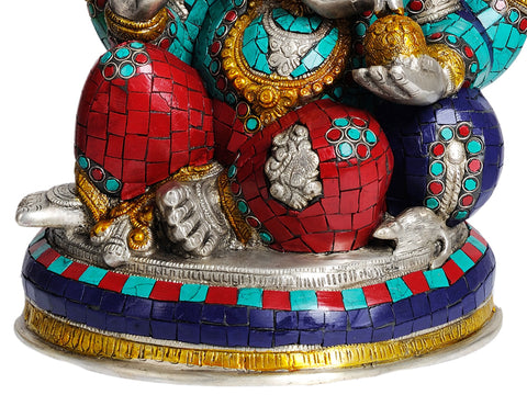 14" Lord Ganesha Eating Modak (with Inlay Work) In Brass