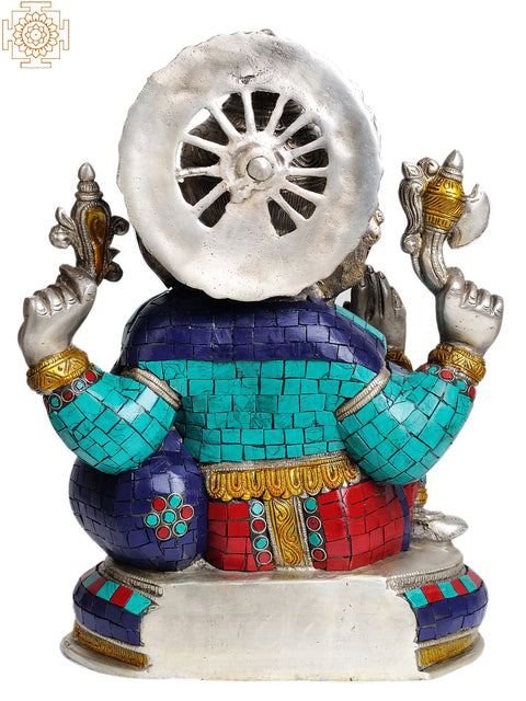 14" Lord Ganesha Eating Modak (with Inlay Work) In Brass