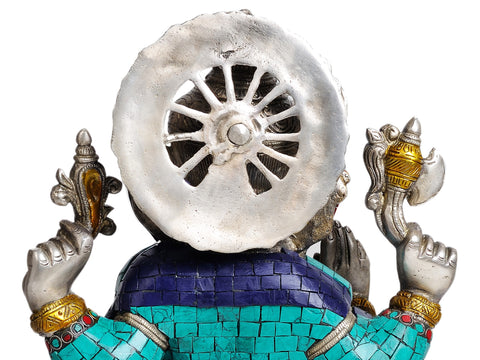 14" Lord Ganesha Eating Modak (with Inlay Work) In Brass