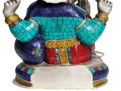 14" Lord Ganesha Eating Modak (with Inlay Work) In Brass