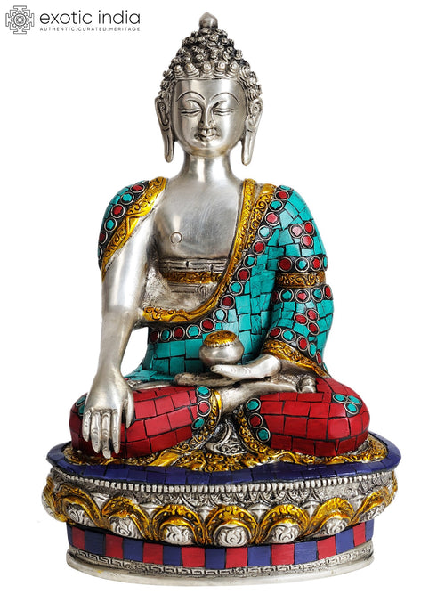 12" Lord Buddha Bhumisparsha Mudra Brass Statue with Inlay Work