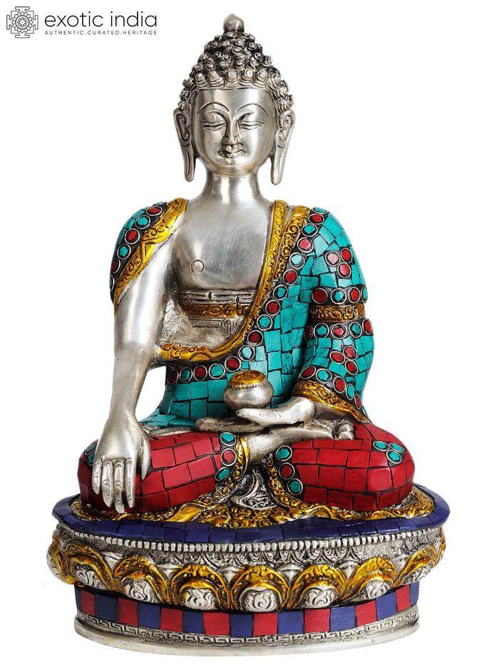 12" Lord Buddha Bhumisparsha Mudra Brass Statue with Inlay Work