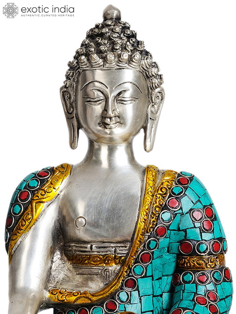 12" Lord Buddha in Bhumisparsha Mudra (with Inlay Work) In Brass