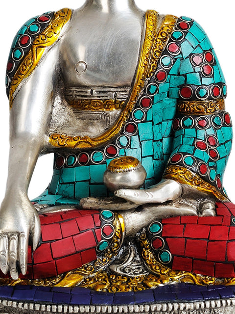 12" Lord Buddha in Bhumisparsha Mudra (with Inlay Work) In Brass