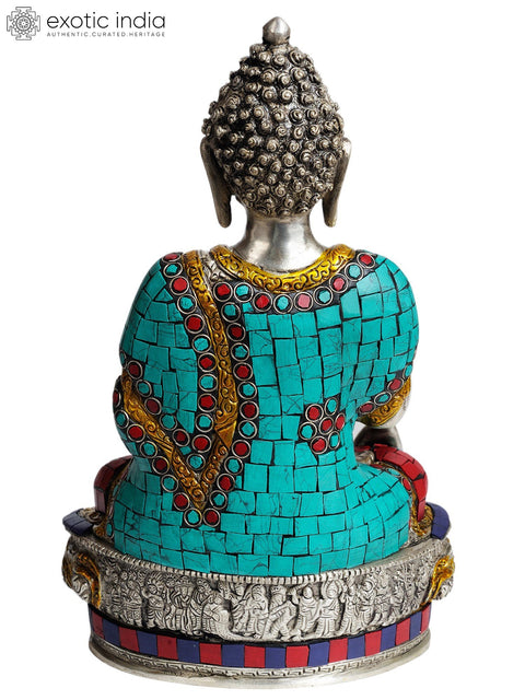 12" Lord Buddha in Bhumisparsha Mudra (with Inlay Work) In Brass