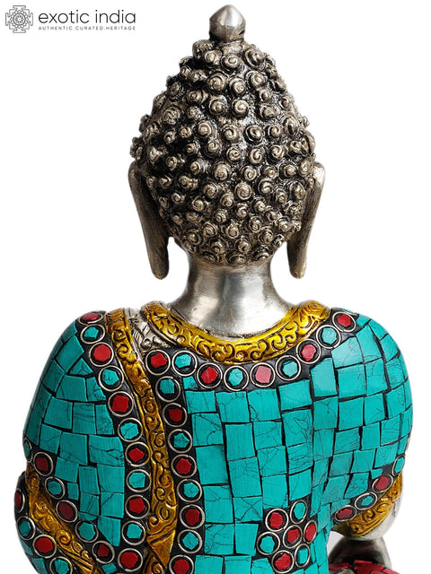 12" Lord Buddha in Bhumisparsha Mudra (with Inlay Work) In Brass