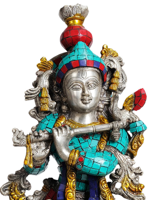 21" Fluting Krishna in Silver Hue In Brass | Handmade | Made In India