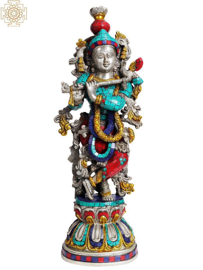 21" Fluting Krishna Brass Statue Handmade Silver Hue