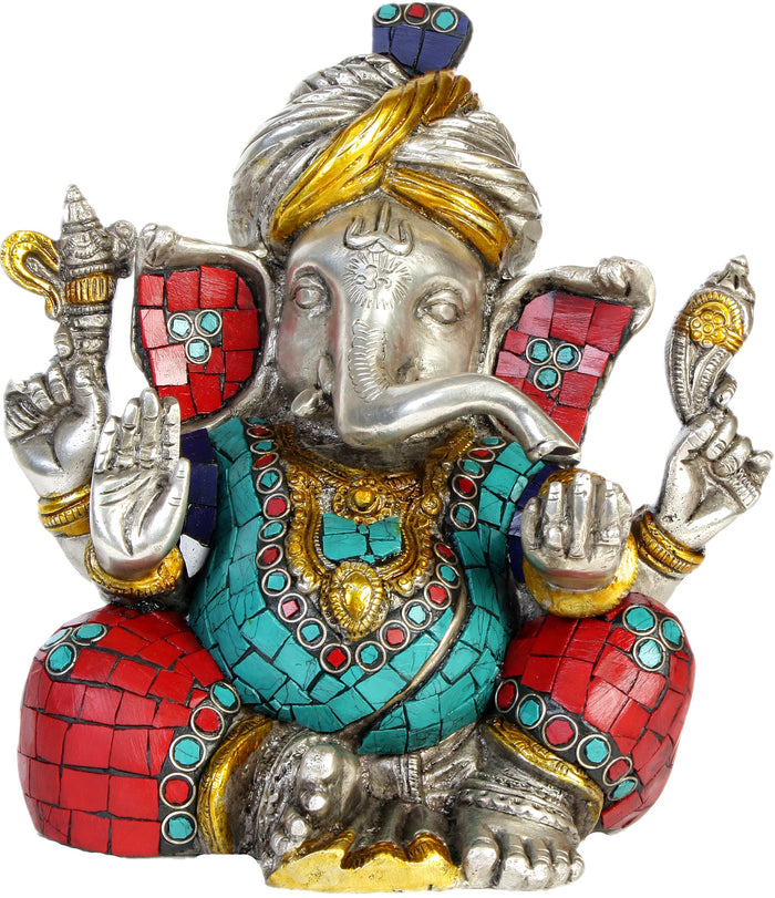 8" Handmade Brass Ganesha Statue with Inlay Work