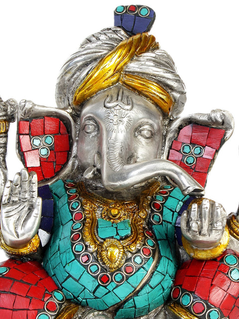 8" Turbaned Ganesha (with Inlay Work) In Brass | Handmade | Made In India
