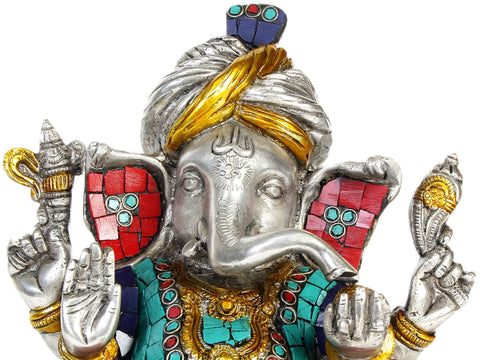 8" Turbaned Ganesha (with Inlay Work) In Brass | Handmade | Made In India