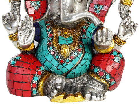 8" Turbaned Ganesha (with Inlay Work) In Brass | Handmade | Made In India