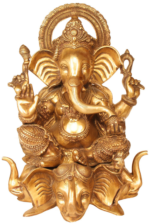 20" Lord Ganesha Seated on Three Elephant Heads Brass Statue Handmade