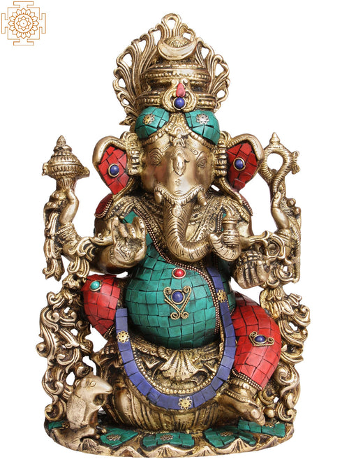 13" Handmade Seated Ganesha Brass Statue for Pooja