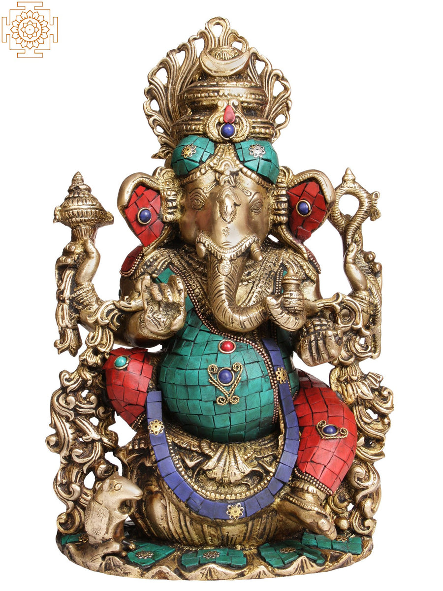 13" Handmade Seated Ganesha Brass Statue for Pooja