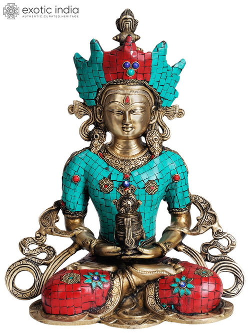 14" Amitabha Buddha Brass Statue with Inlay Work Handmade