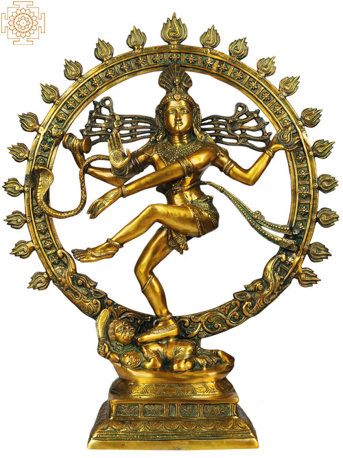 33" Large Handmade Nataraja Brass Statue with Golden and Green Hues