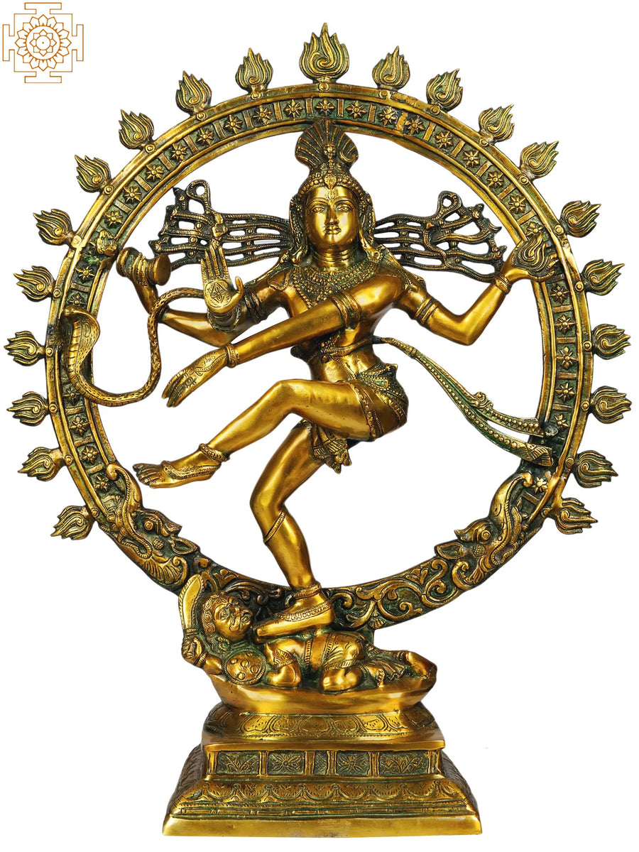 33" Large Handmade Nataraja Brass Statue with Golden and Green Hues