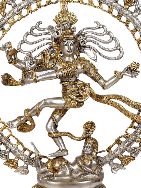 28" Large Size Lord Shiva as Nataraja in Silver and Golden Hues In Brass