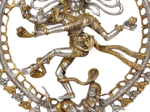 28" Large Size Lord Shiva as Nataraja in Silver and Golden Hues In Brass
