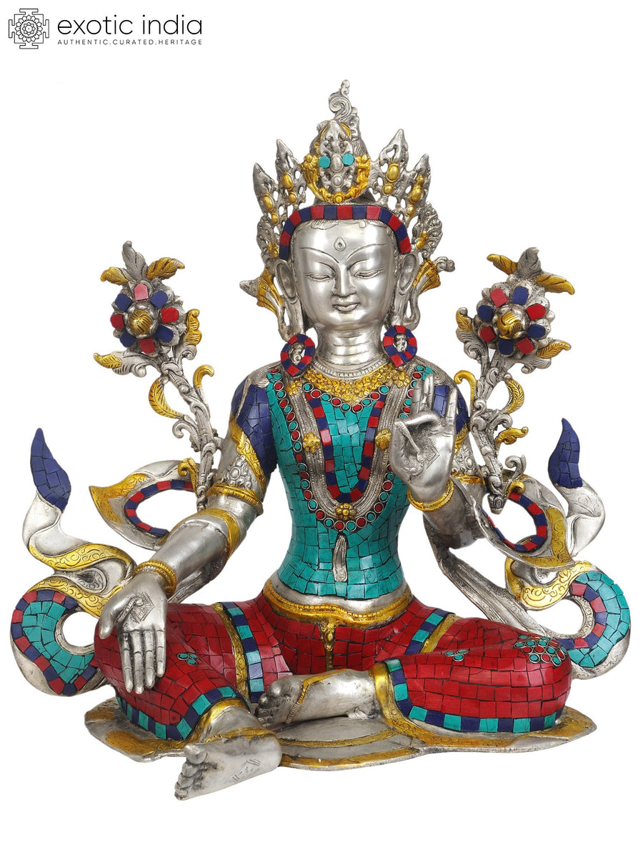 19" Green Tara Brass Statue with Inlay Work - Handmade Buddhist Goddess Idol
