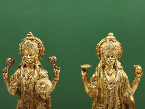 16" Lord Vishnu and Goddess Lakshmi Brass Sculpture