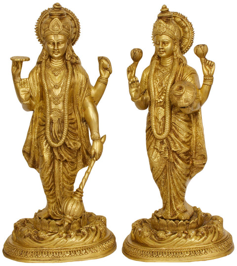 16" Lord Vishnu and Goddess Lakshmi Brass Sculpture