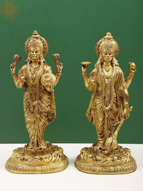 16" Lord Vishnu and Lakshmi Handmade Brass Statue for Pooja
