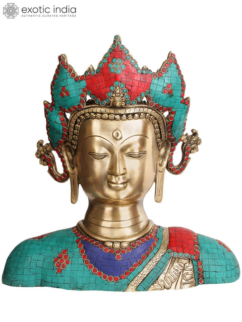 15" Crown Buddha Bust In Brass | Handmade | Made In India