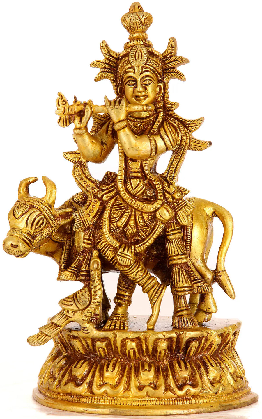 6" Venugopala Handmade Brass Statue with Cow and Peacock