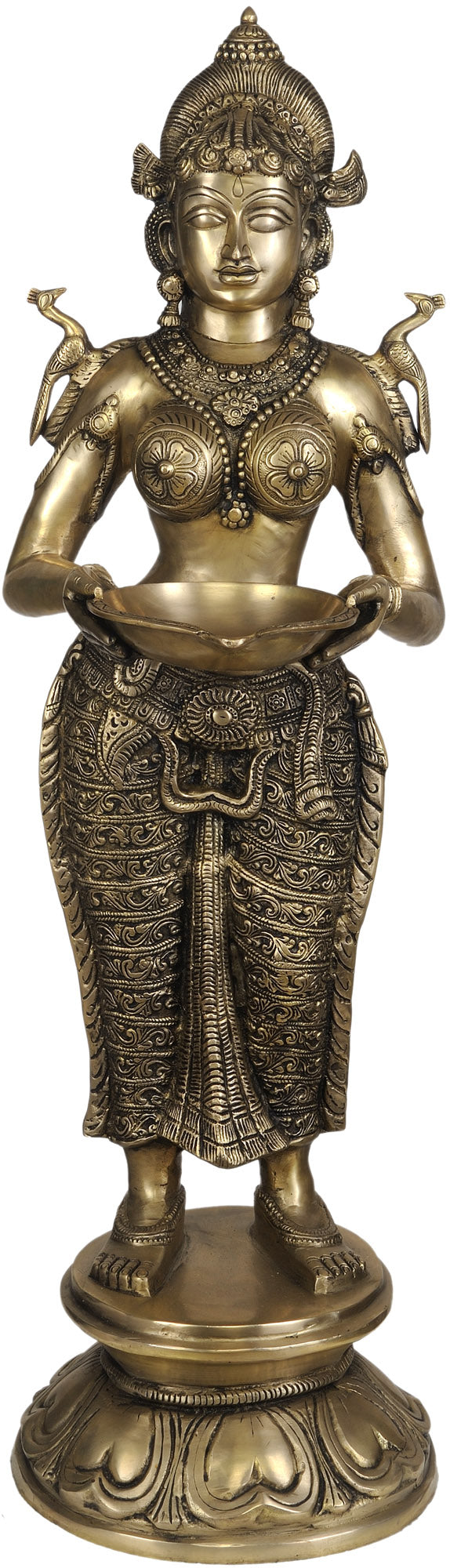37" Large Handmade Deeplakshmi with Parrot Brass Statue