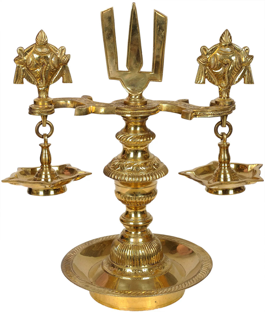 13" Handmade Brass Vaishnava Lamp for Pooja